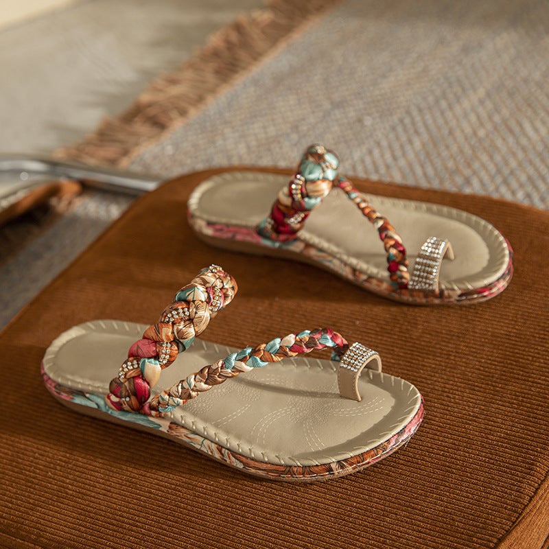 2025 New Bohemian Fashion Wooden Beads Rhinestone Bohemian Wedge Plaid Large Size Sandals for Women - Image 5