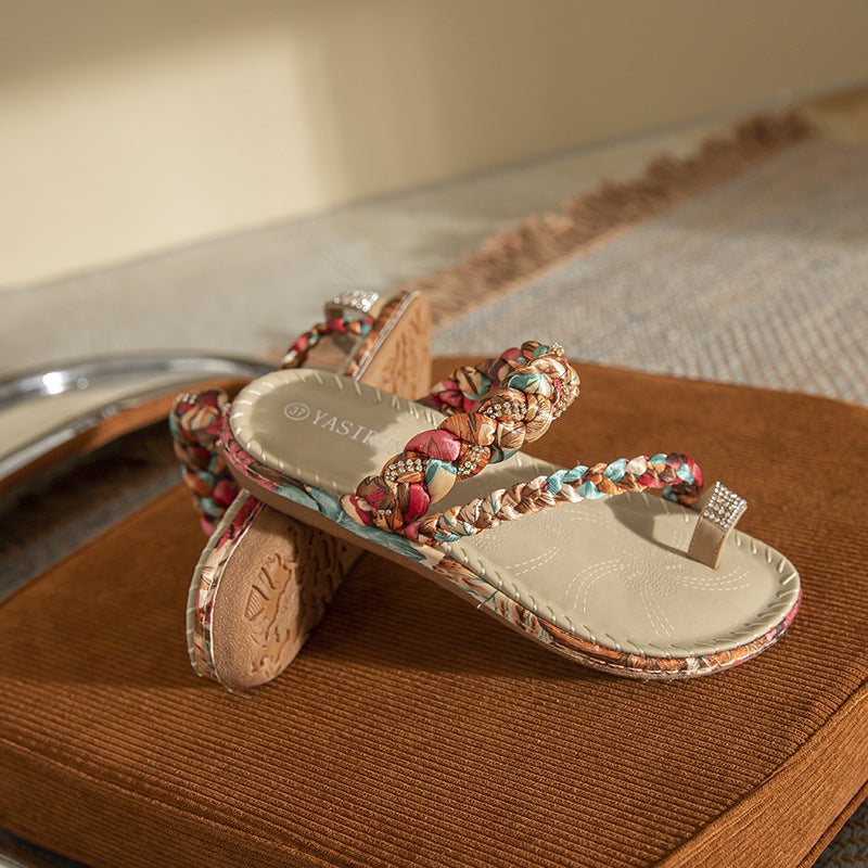2025 New Bohemian Fashion Wooden Beads Rhinestone Bohemian Wedge Plaid Large Size Sandals for Women - Image 3