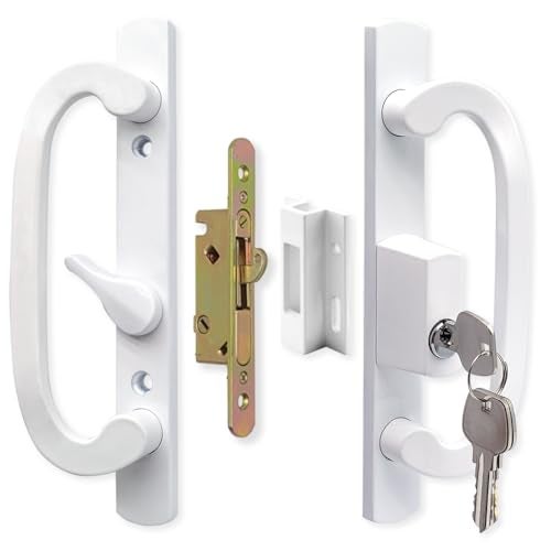 ALLYWASAI Patio Sliding Door Handle Set with Mortise Lock Key Cylinder and Keeper Replacement Handle Lock Set Fits Door Thickness from 112 to 214 31516 Screw Hole Spacing Keyed White - Image 1