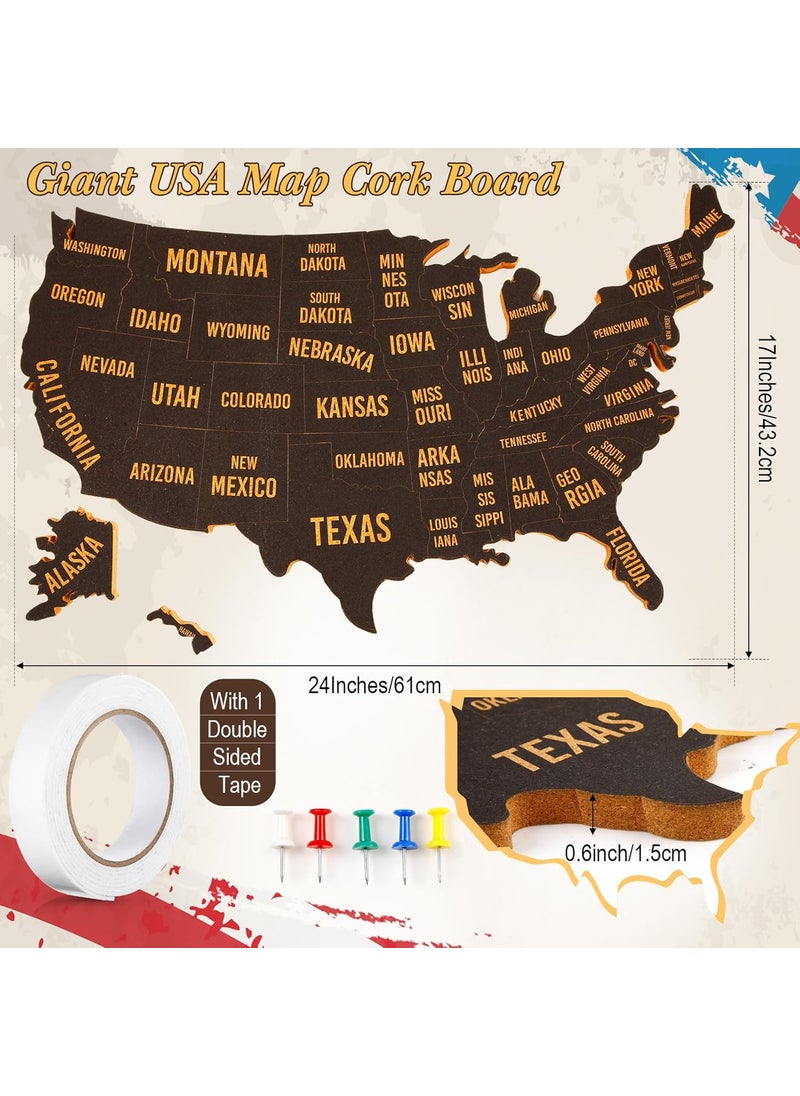 Queekay Queekay Jumbo USA Travel Map 24 x 17 x 06 Inch USA Map Cork Board with 10 Push Pins 1 Roll PE Sponge Double Sided Adhesive US Map for Home Office Classroom Decor Tracing Past and Future Travels  - Image 2