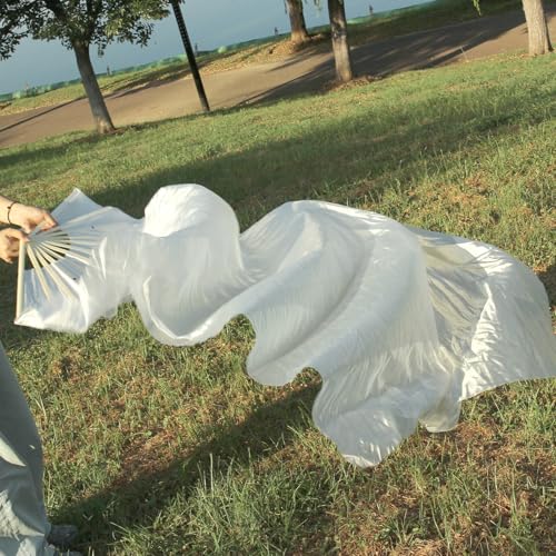 WEISIPU Hand-Made Faux Silk Belly Dance Fan Veils - Bamboo Long Fans Veils Available in 8 Stunning Colors for Dance Performances Right Hand(White) - Image 3