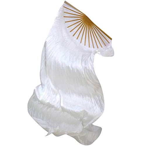 WEISIPU Hand-Made Faux Silk Belly Dance Fan Veils - Bamboo Long Fans Veils Available in 8 Stunning Colors for Dance Performances Right Hand(White) - Image 1