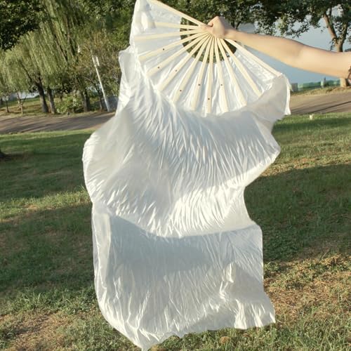 WEISIPU Hand-Made Faux Silk Belly Dance Fan Veils - Bamboo Long Fans Veils Available in 8 Stunning Colors for Dance Performances Right Hand(White) - Image 2