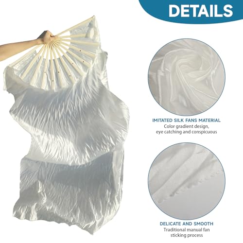 WEISIPU Hand-Made Faux Silk Belly Dance Fan Veils - Bamboo Long Fans Veils Available in 8 Stunning Colors for Dance Performances Right Hand(White) - Image 4