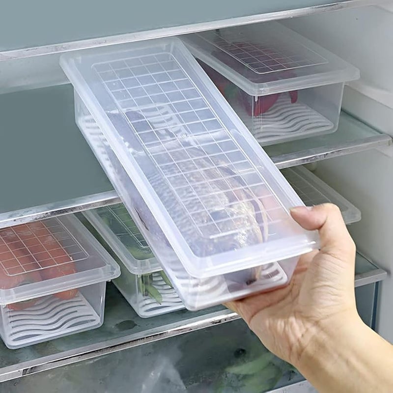 HOME ZONE Pack of 4 - Fridge Storage Boxes With Removable Drain Plate And Lid Stackable Fridge Storage Containers Plastic Freezer Storage Containers For Fish, Vegetables, Fruits - Image 3