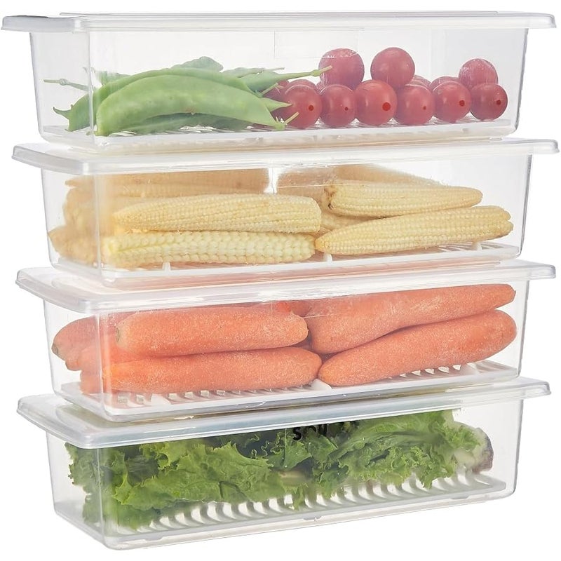 HOME ZONE Pack of 4 - Fridge Storage Boxes With Removable Drain Plate And Lid Stackable Fridge Storage Containers Plastic Freezer Storage Containers For Fish, Vegetables, Fruits - Image 1