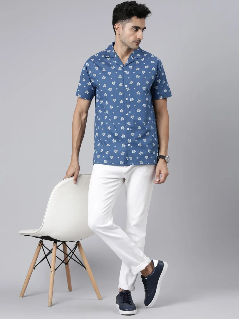 Joven  Blue Printed Camp Collar Casual Shirt for Men for Men | Best Price UAE
