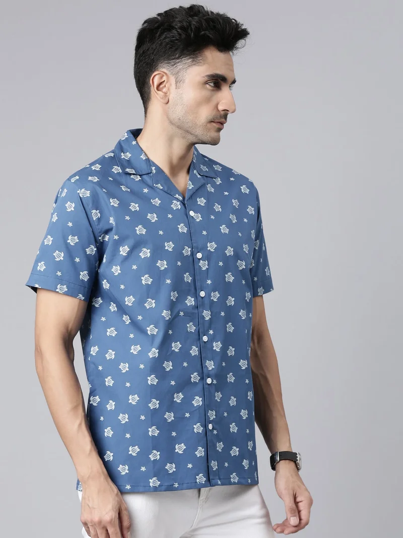 Joven  Blue Printed Camp Collar Casual Shirt for Men for Men | Best Price UAE