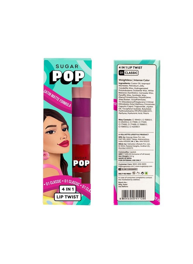 SUGAR POP 4 في 1 قلم شفاه - 01 كلاسيكي | أحمر شفاه متعدد الاستخدامات قابل للتكديس للنساء | تركيبة ساتين مات مرطبة | 6.4 غ - Image 2