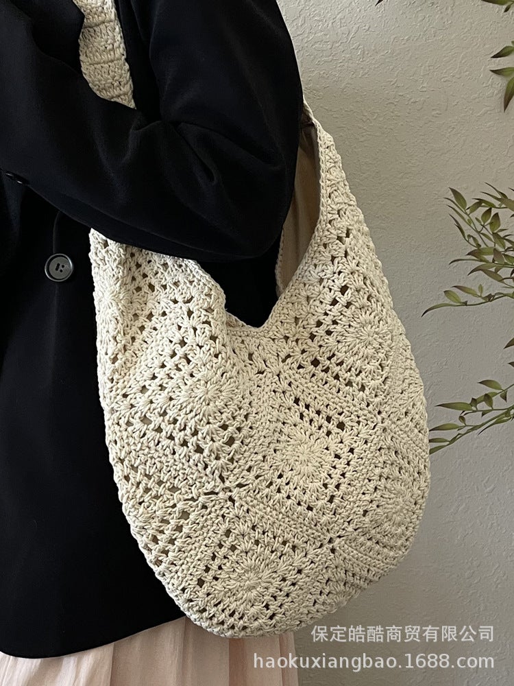 Hollow Ins Vacation Shoulder Bag Vintage Straw Bag Women'S 2025 Mori Style Woven Shoulder Tote Bag - Image 2