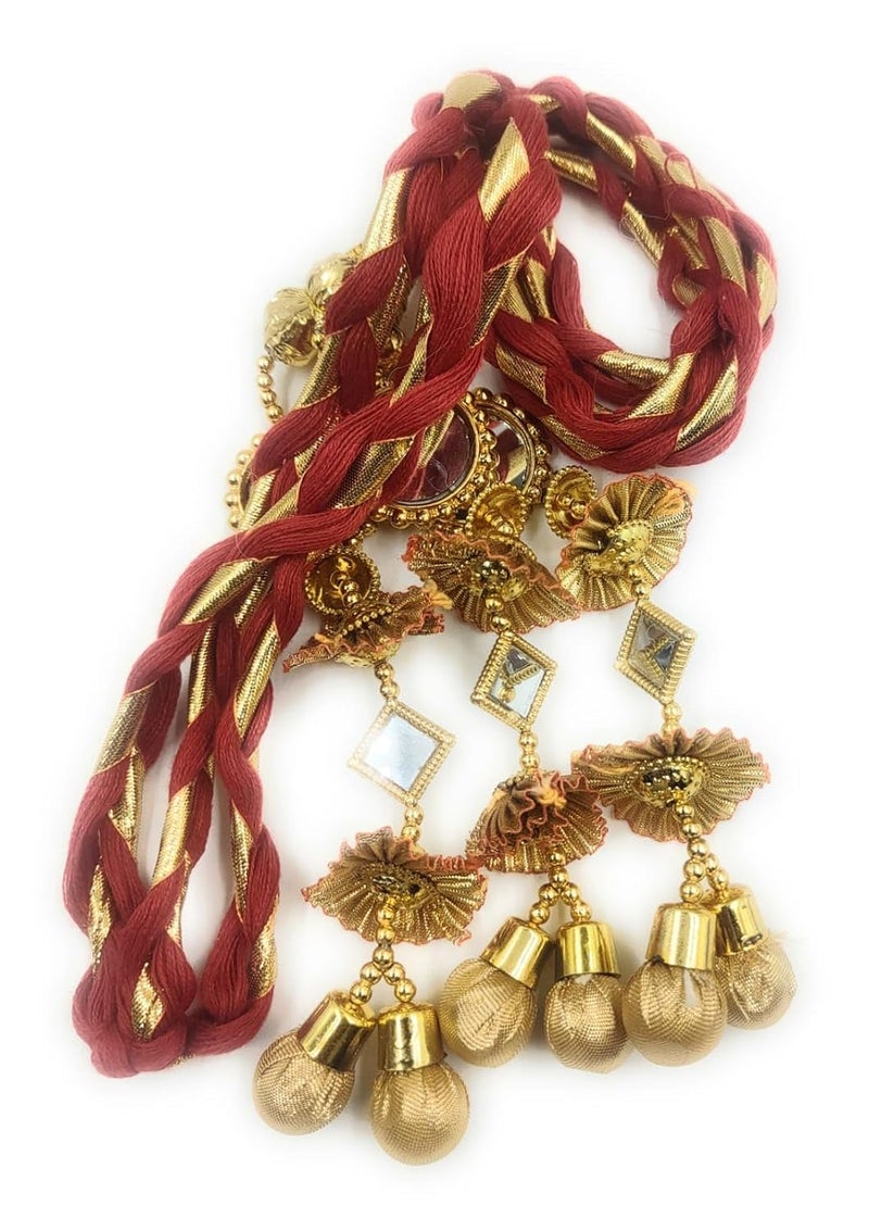 SIMKA ® Golden Dori Hande made Punjabi Paranda/Traditional Parandi for Women & Girls/Hair Extension/Braid Tassles/Choti/Ethnic Hair Accessories (1 piece) (Red) - Image 3