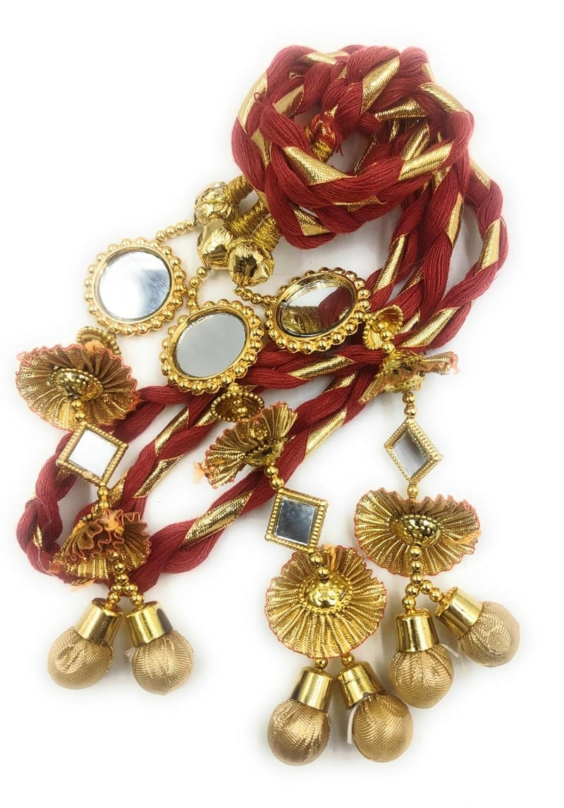 SIMKA ® Golden Dori Hande made Punjabi Paranda/Traditional Parandi for Women & Girls/Hair Extension/Braid Tassles/Choti/Ethnic Hair Accessories (1 piece) (Red) - Image 1