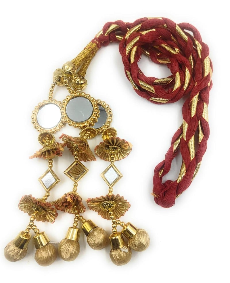 SIMKA ® Golden Dori Hande made Punjabi Paranda/Traditional Parandi for Women & Girls/Hair Extension/Braid Tassles/Choti/Ethnic Hair Accessories (1 piece) (Red) - Image 2