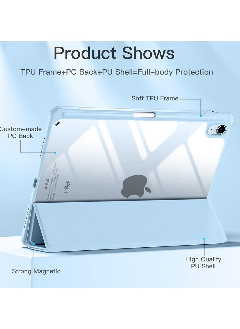 Protective Case Cover For Apple iPad Air4/Air5 10.9 inch (2020/2022) Generation with Pencil Holder, [Support Apple Pencil Charging and Touch ID], Clear Transparent Case with Auto Wake/Sleep Light Blue