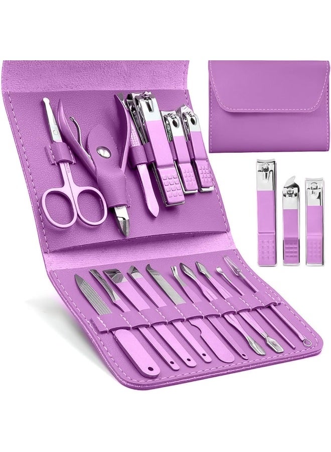 مجموعة العناية بالاظافر الاحترافية من 16 قطعة من الستانلس ستيل مع حافظة من الجلد الصناعي، 15×9×2.4 سم، للرجال والنساء، ادوات احترافية متعددة الوظائف - Image 1