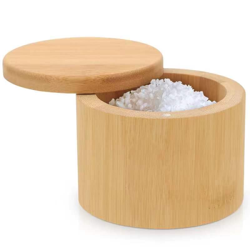karmiero Salt Cellar, Bamboo Salt Container with Lid, Solid Salt Box Holder with 360Â° Swivel Lid for Countertop to Store Pepper Spice, Elegant Flaky Salt Containers Bowl on Your Kitchen, 6OZ - Image 1