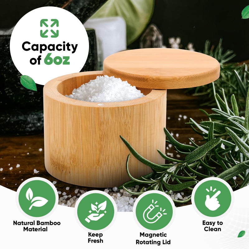 karmiero Salt Cellar, Bamboo Salt Container with Lid, Solid Salt Box Holder with 360Â° Swivel Lid for Countertop to Store Pepper Spice, Elegant Flaky Salt Containers Bowl on Your Kitchen, 6OZ - Image 4