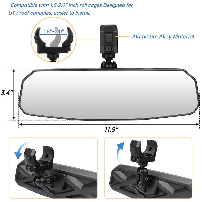 SHEJISI UTV Universal Rear View Mirror for 1.5-2.0 Inch Roll Cage, Compatible with Polaris RZRã€Can am Maverickã€Honda Pioneer Talon SXSã€Kawasaki Mule KRXã€Yamaha Wolverine YXZã€Kubota RTVã€CF Zforceã€Gator - Image 2