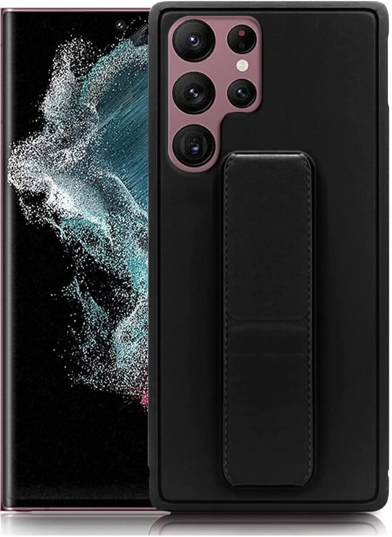 Raxoom Premium Quality Silicone Slim PU Leather Kick Back Stand Grip Case Cover with Enhanced Protection of Wrist Strap Hand Band Cover Case for Samsung Galaxy S22 Ultra 5G (Black) - Image 1