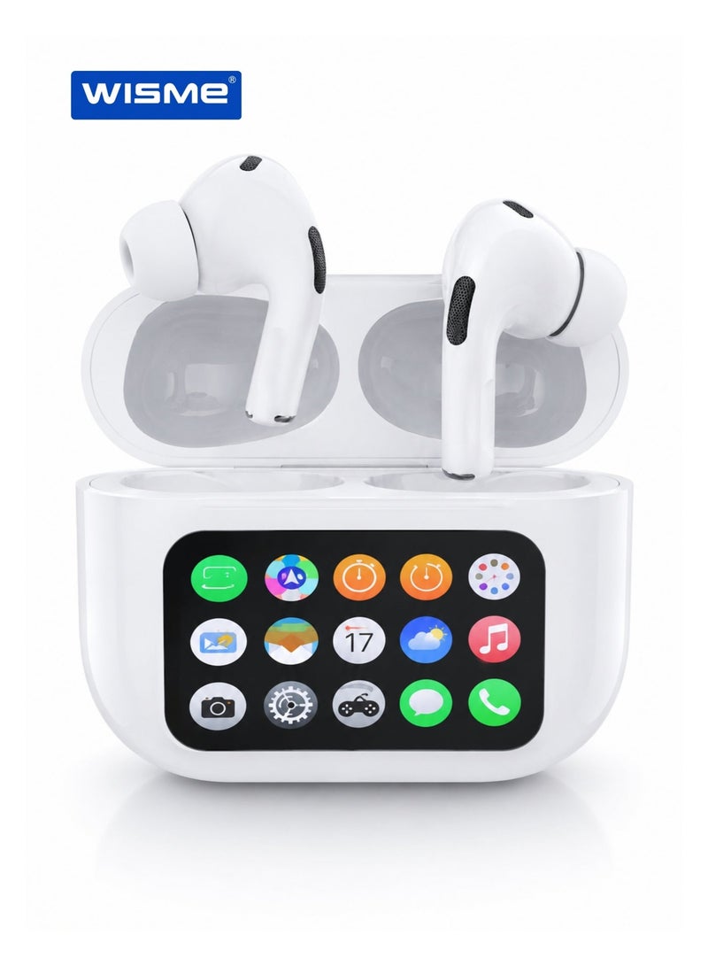 WISME WT-3 Wireless Earbuds with LCD Touch Display Case, Bluetooth Earphones, Calling & Fere Fit App White - Image 1
