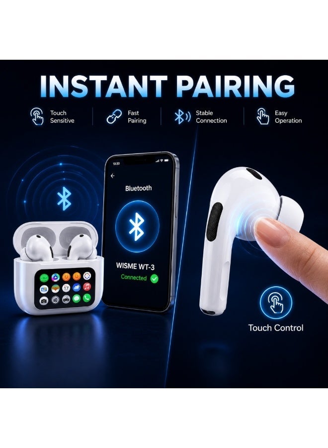 WISME WT-3 Wireless Earbuds with LCD Touch Display Case, Bluetooth Earphones, Calling & Fere Fit App White - Image 5
