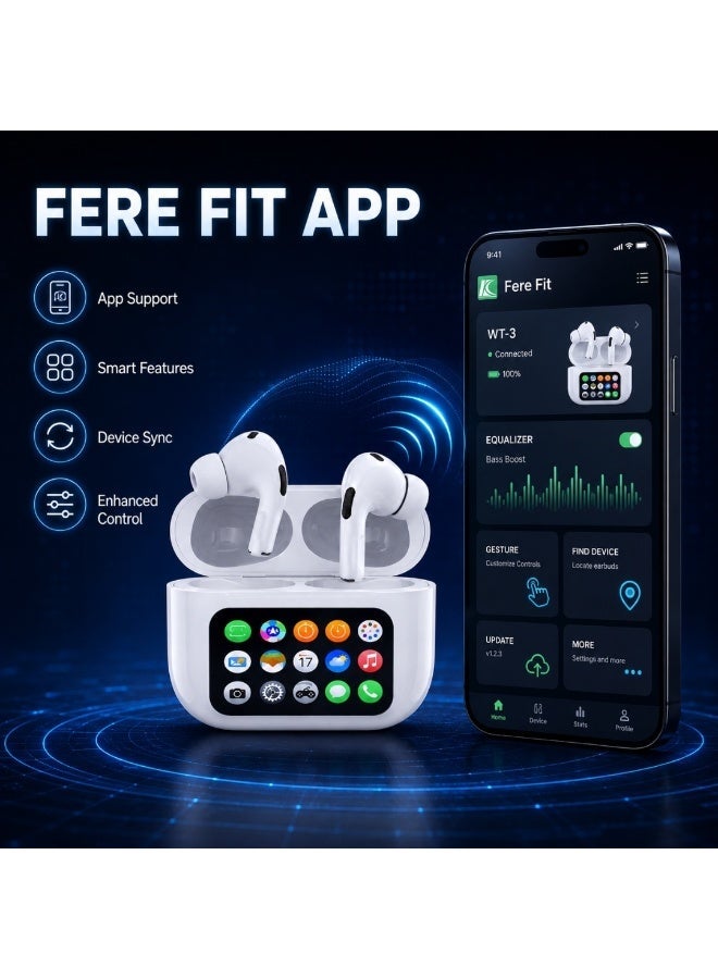 WISME WT-3 Wireless Earbuds with LCD Touch Display Case, Bluetooth Earphones, Calling & Fere Fit App White - Image 4