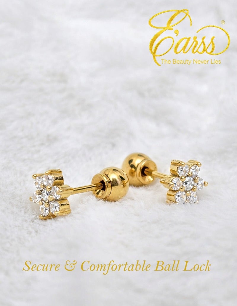 Earss Gold Plated Flower Zircon Stud Earrings 6-8mm for Women & Girls – Small Floral CZ Earrings with Push Back Ball Lock, Hypoallergenic Stainless Steel - Image 3