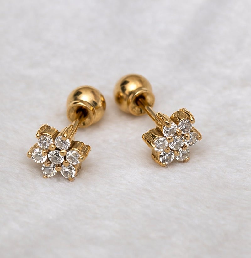 Earss Gold Plated Flower Zircon Stud Earrings 6-8mm for Women & Girls – Small Floral CZ Earrings with Push Back Ball Lock, Hypoallergenic Stainless Steel - Image 2