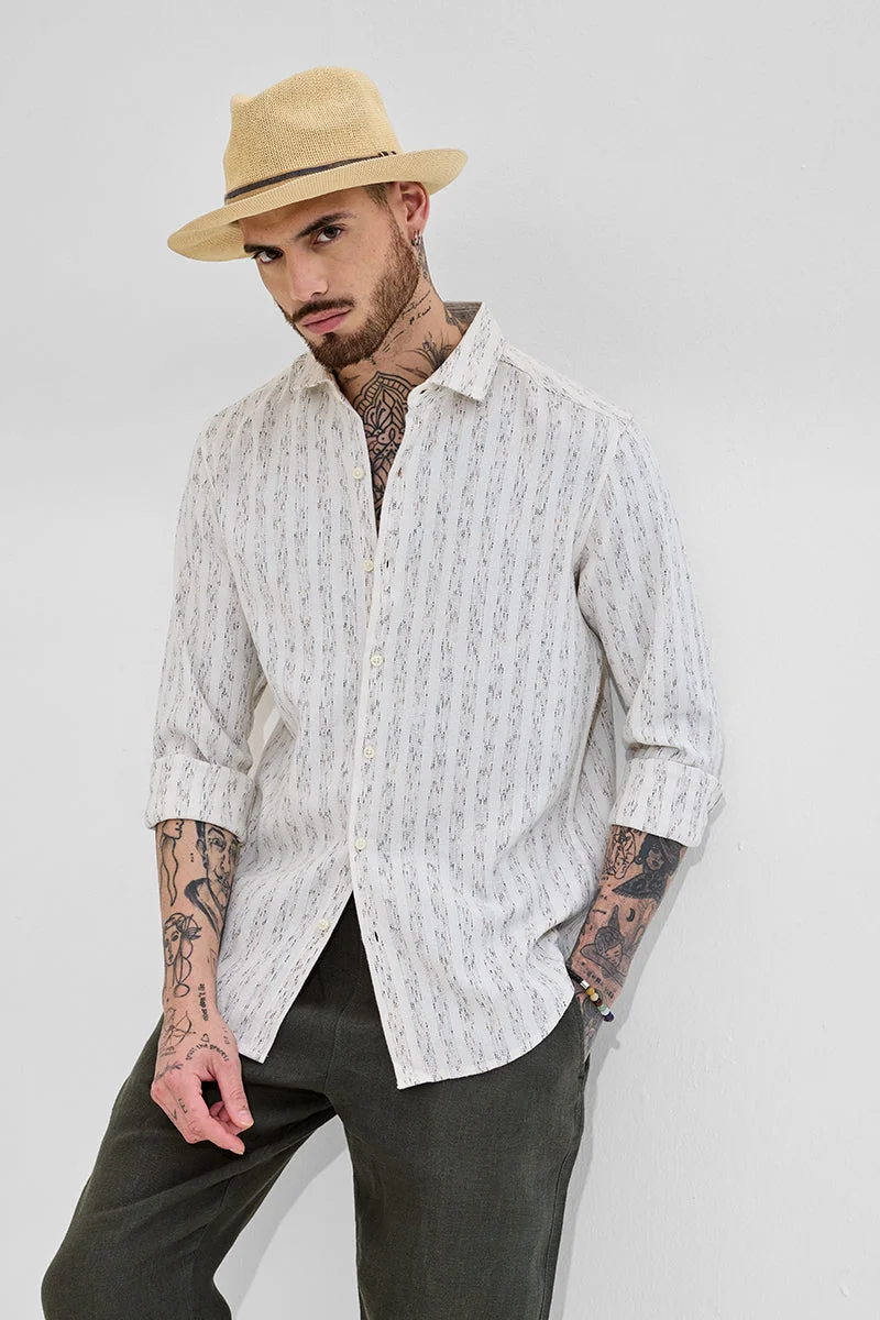 SNITCH Cream Striped Long Sleeve Slim Fit Casual Shirt