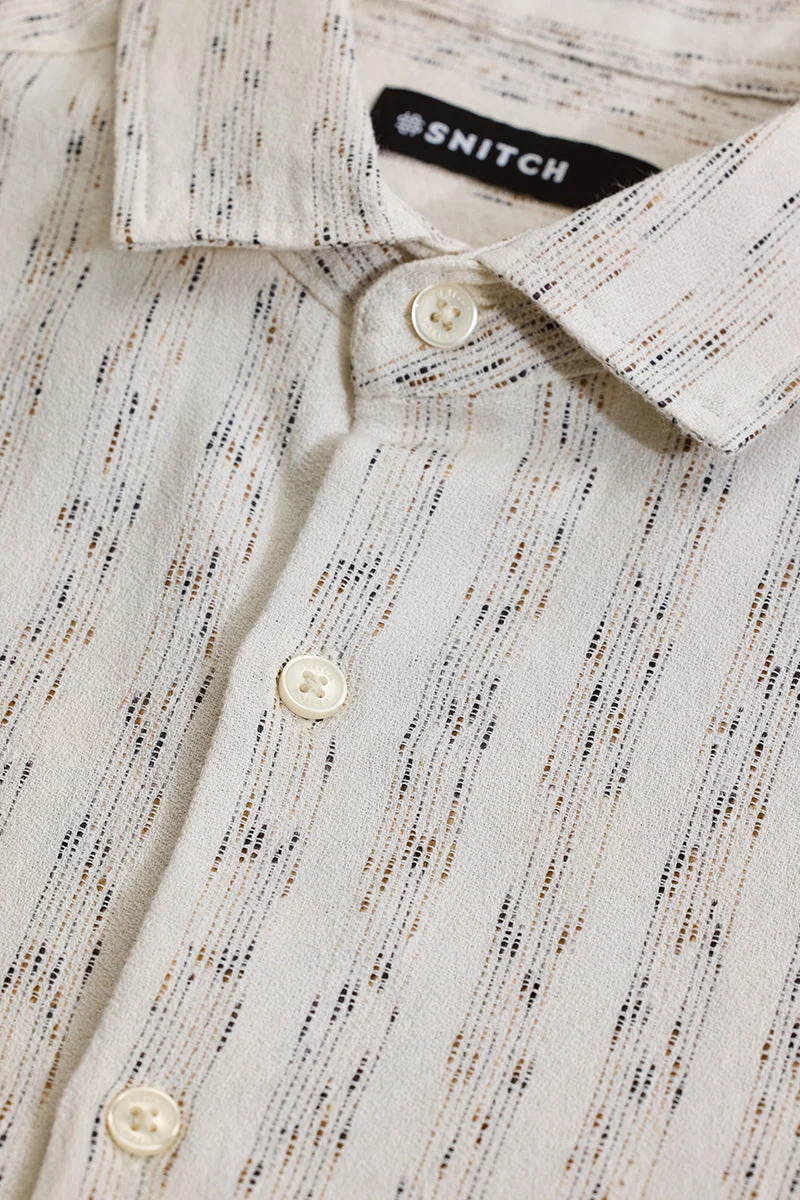 SNITCH Cream Striped Long Sleeve Slim Fit Casual Shirt