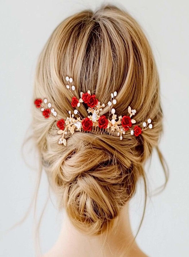 Foyte Crystal Flower Wedding Hair Comb Red Rose Headpiece Gold Hair Piece Bride Pearl Hair Accessories for Women - Image 1