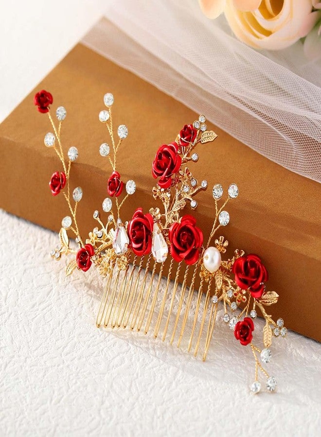 Foyte Crystal Flower Wedding Hair Comb Red Rose Headpiece Gold Hair Piece Bride Pearl Hair Accessories for Women - Image 3