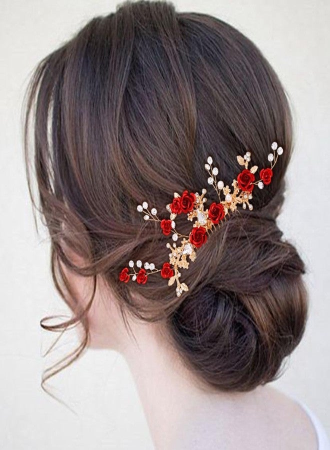 Foyte Crystal Flower Wedding Hair Comb Red Rose Headpiece Gold Hair Piece Bride Pearl Hair Accessories for Women - Image 2