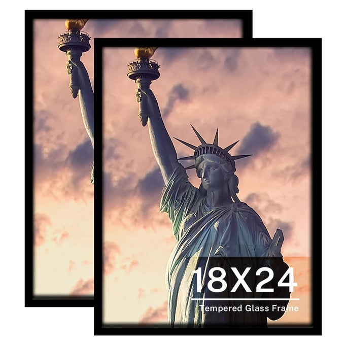 TEMPERED GLASS 18X24 POSTER FRAME BLACK WOOD PHOTO PICTURE FRAME SET OF 2 FOR WALL VERTICALLY OR HORIZONTALLY DISPLAY MOUNTING HARDWARE INCLUDED