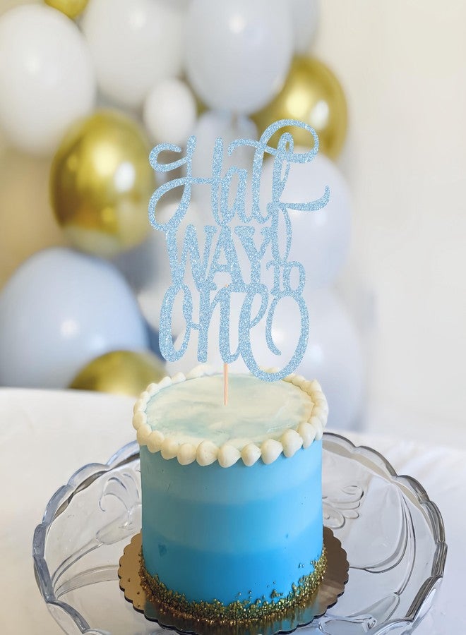 AHAORAY Half Way To One Cake Topper - Light Blue Glitter 6 Months Birthday Decorations Supplies - Half Birthday Decorations Baby Girl, for Baby Shower/Gender Reveal Party Photo Booth Props - Image 2