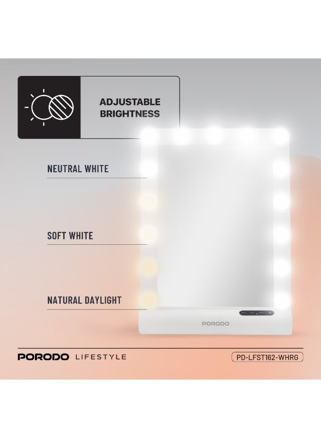 porodo Hollywood Vanity Mirror with Bluetooth Speaker, 3 Light Modes, 15 LED Bulbs, Wall/Table Mount, Dimmable Touch Control, Hands-Free Calling / Perfect for Makeup & Skincare - White  - Image 5
