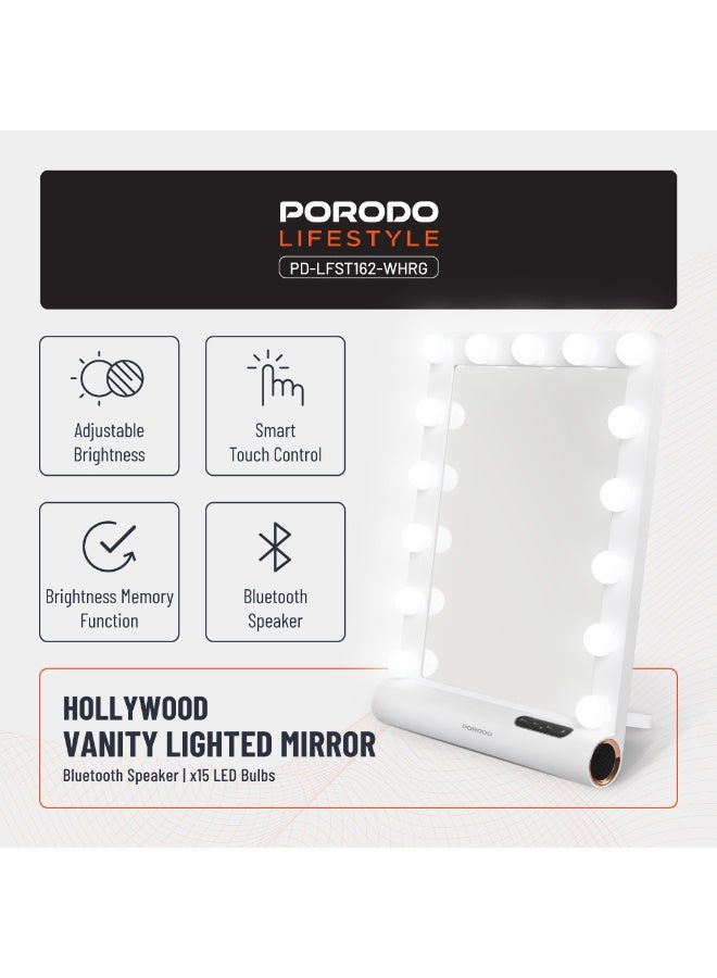 porodo Hollywood Vanity Mirror with Bluetooth Speaker, 3 Light Modes, 15 LED Bulbs, Wall/Table Mount, Dimmable Touch Control, Hands-Free Calling / Perfect for Makeup & Skincare - White  - Image 2