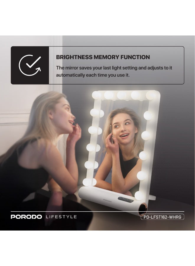 porodo Hollywood Vanity Mirror with Bluetooth Speaker, 3 Light Modes, 15 LED Bulbs, Wall/Table Mount, Dimmable Touch Control, Hands-Free Calling / Perfect for Makeup & Skincare - White  - Image 4
