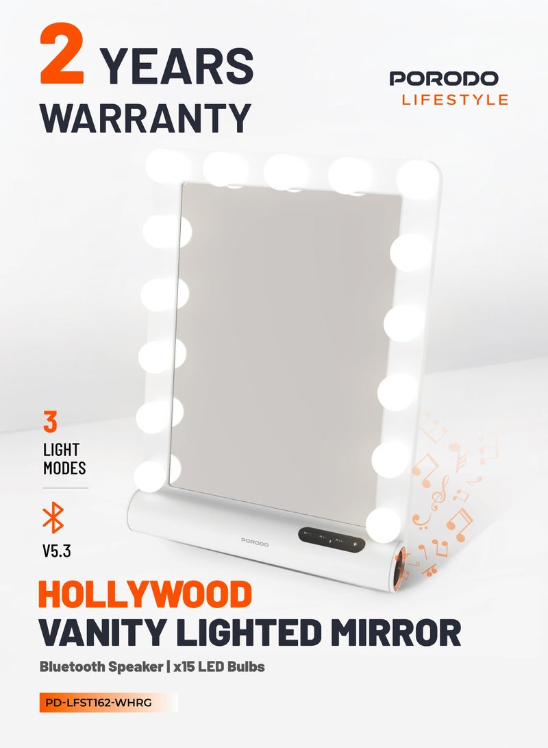 porodo Hollywood Vanity Mirror with Bluetooth Speaker, 3 Light Modes, 15 LED Bulbs, Wall/Table Mount, Dimmable Touch Control, Hands-Free Calling / Perfect for Makeup & Skincare - White  - Image 1