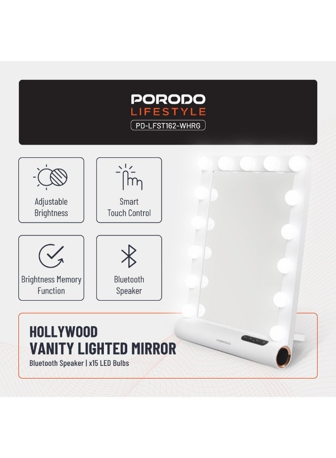 بورودو مرآة تجميل هوليوودية مع مكبر صوت بلوتوث، 3 أوضاع إضاءة، 15 مصباح LED، تثبيت على الحائط/الطاولة، تحكم باللمس قابل للتعتيم، مكالمات بدون استخدام اليدين / مثالية للمكياج والعناية بالبشرة والتنظيف الشخصي والاستخدام اليومي - أبيض - Image 2