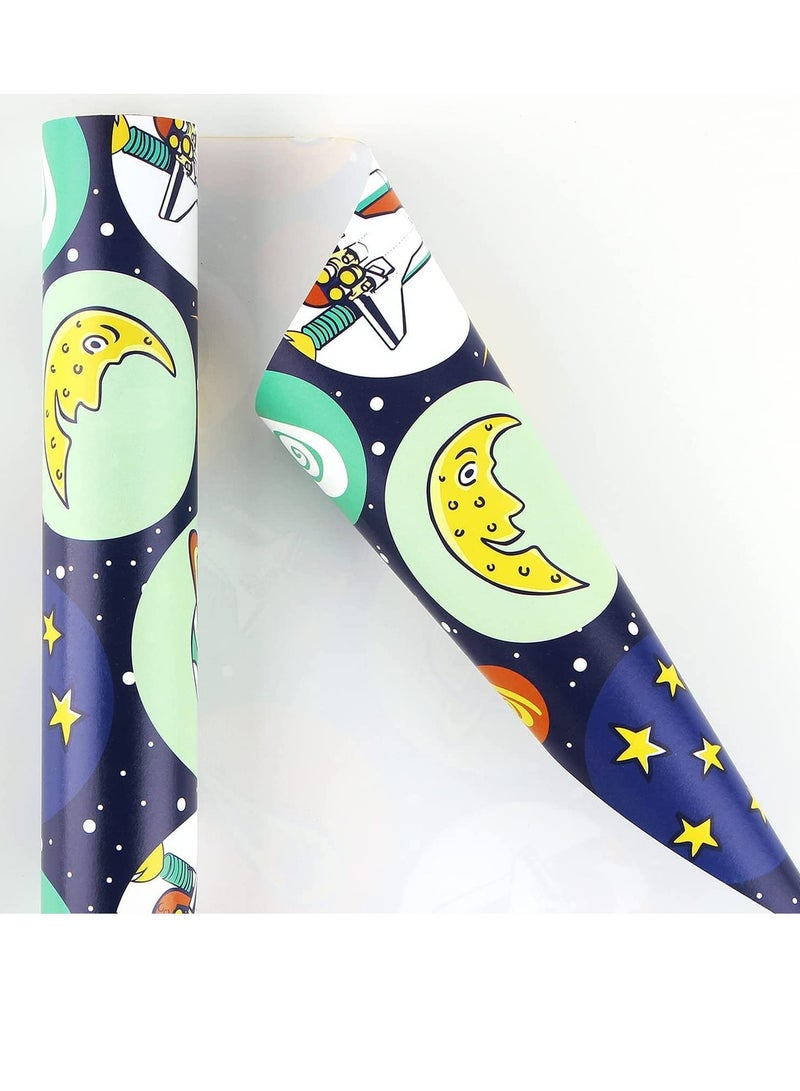 SOLARAE 12 Sheets Cartoon Birthday Wrapping Paper for Kids Gift Wrap Paper Bundle 19.7 X 27.6 in Per Sheet with Stripes Stickers for Party Baby Shower and Craft (Alien Outer Space Dinosaur Car) - Image 5