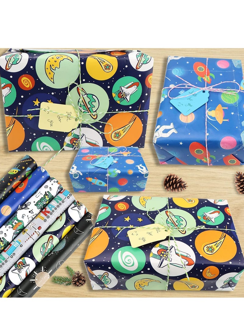 SOLARAE 12 Sheets Cartoon Birthday Wrapping Paper for Kids Gift Wrap Paper Bundle 19.7 X 27.6 in Per Sheet with Stripes Stickers for Party Baby Shower and Craft (Alien Outer Space Dinosaur Car) - Image 4