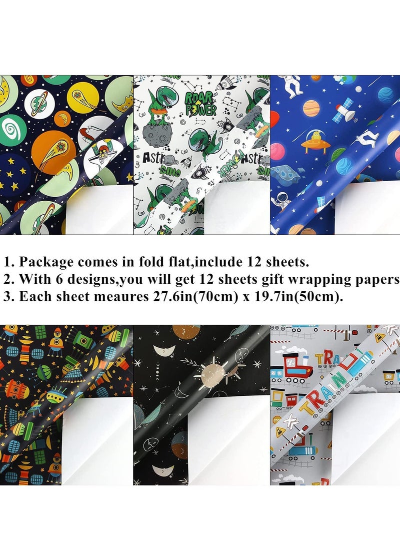 SOLARAE 12 Sheets Cartoon Birthday Wrapping Paper for Kids Gift Wrap Paper Bundle 19.7 X 27.6 in Per Sheet with Stripes Stickers for Party Baby Shower and Craft (Alien Outer Space Dinosaur Car) - Image 2
