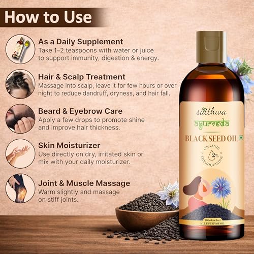 Satthwa Organic Black Seed Oil – Edible - Cold-Pressed, 100% Pure Nigella Sativa Oil, High TQ, Nutrient-Rich for Immune, Hair & Skin Support - 200ml - Image 5