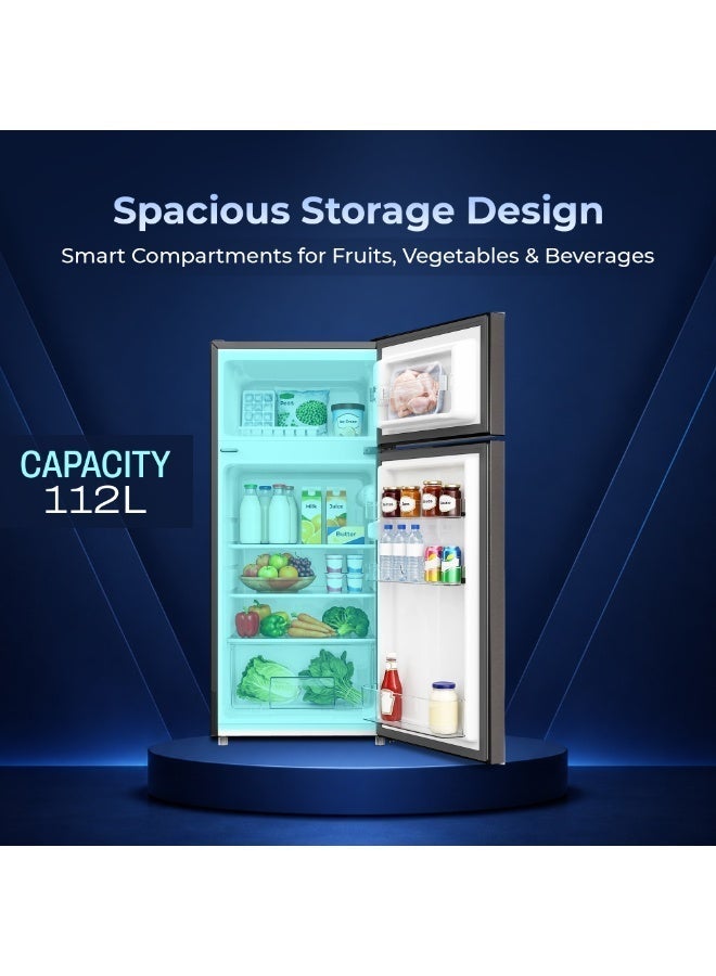 SPJ 112L Double Door Refrigerator, 87L Fridge + 25L Freezer, High Performance Cooling, Premium Durable Design, Adjustable Glass Shelves, Low Noise, Mechanical Temperature Control, R600a, Dark Grey - Image 4