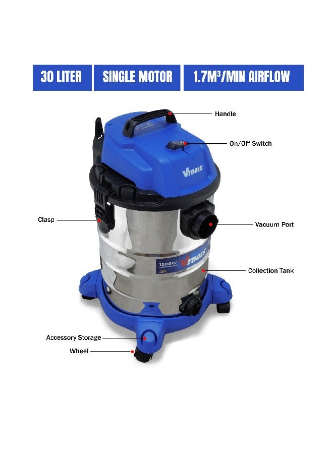 VTOOLS 1200W 30L Vacuum Cleaner with Blowing Function, Single Motor - Image 3