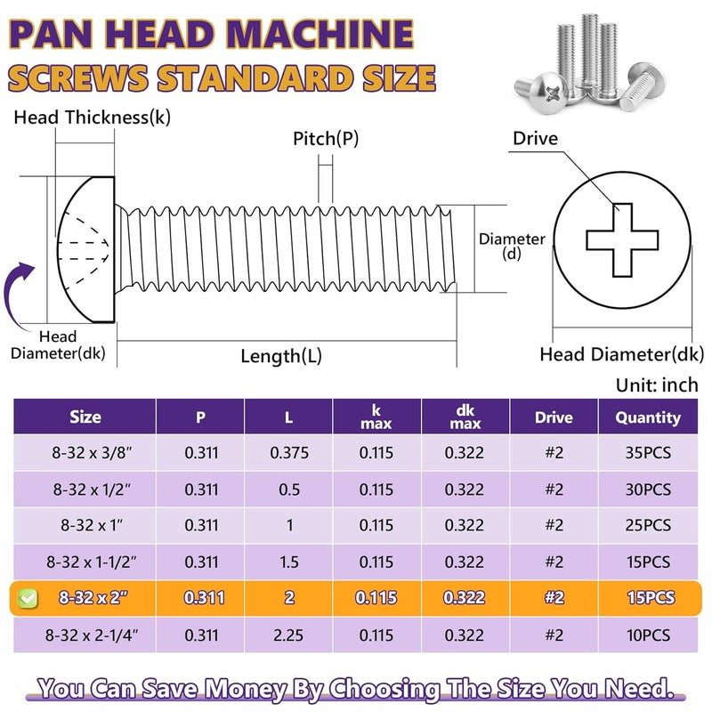 ZerDans 8-32 x 2 Machine Screws, 15 PCS Phillips Pan Head Electrical Outlet Machine Screws 304 Stainless Steel, Wall Plate Receptacles Mounting for Switch Plate, Cabinet Door and Drawer - Image 5