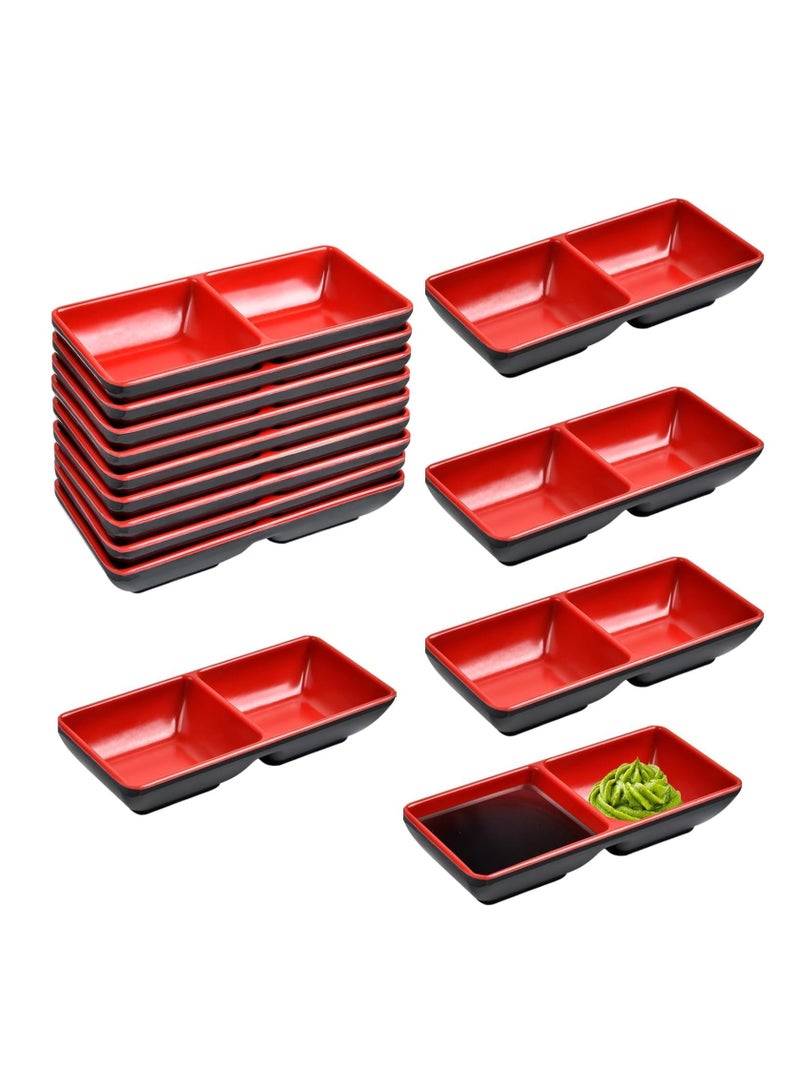 Zikra Dual Soy Sauce Dish, 10 Oz Dual Dipping Dish Bowls, Melamine Two Compartments Plate Sauce Dishes for Restaurant Kitchen Appetizers Nuts Sauce Ketchup Wasabi 14Pcs - Image 1