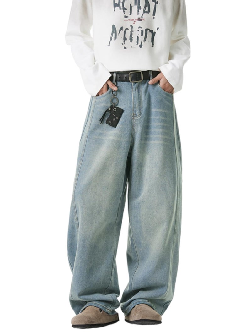 CAONAT Mens Baggy Jeans Wide Leg Y2k Denim Pants Skater Hip Hop Fashion Loose Fit Casual Trousers Streetwear Blue - Image 1