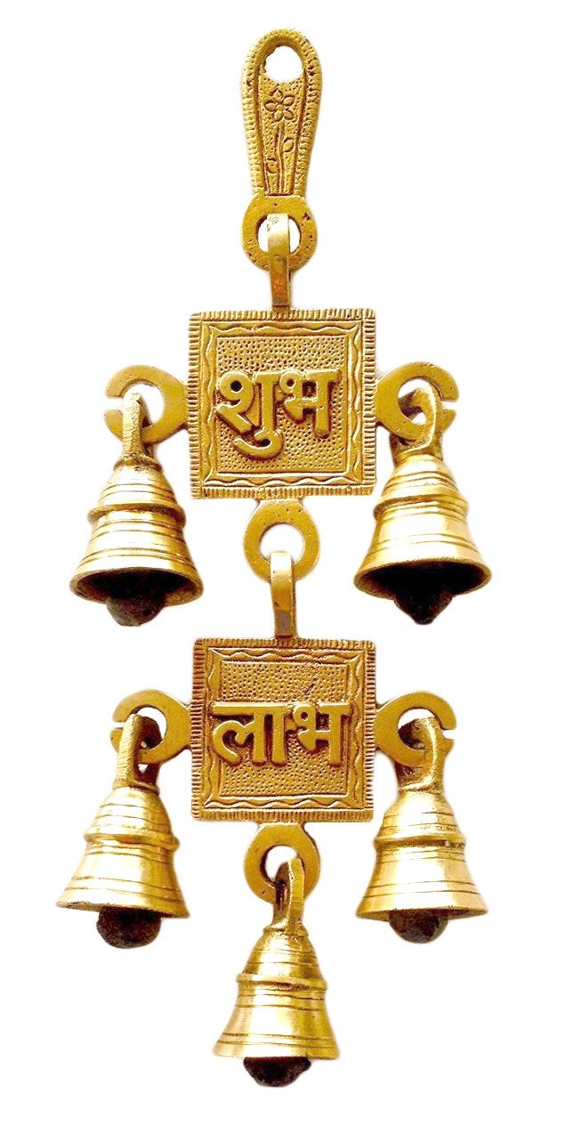 Two Moustaches Brass Shubh Labh Hanging Bells Showpiece Ghanti for Pooja Ghanti for Home Temple Decor 32 x 95 inch Brown Standard - Image 1